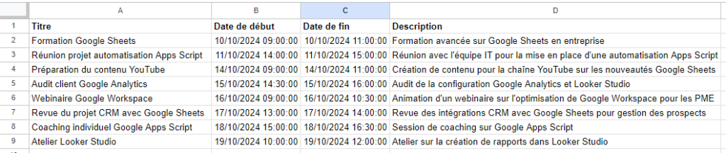 "Capture d'écran d'un tableau Google Sheets avec un planning d'événements, incluant les titres, dates et descriptions